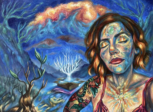Aimee Dreams: A Prescribed Burn and Surrender, Chloe Allred, 2022, acrylic on canvas, 18 x 24 in. / 45.72 x 60.96 cm.