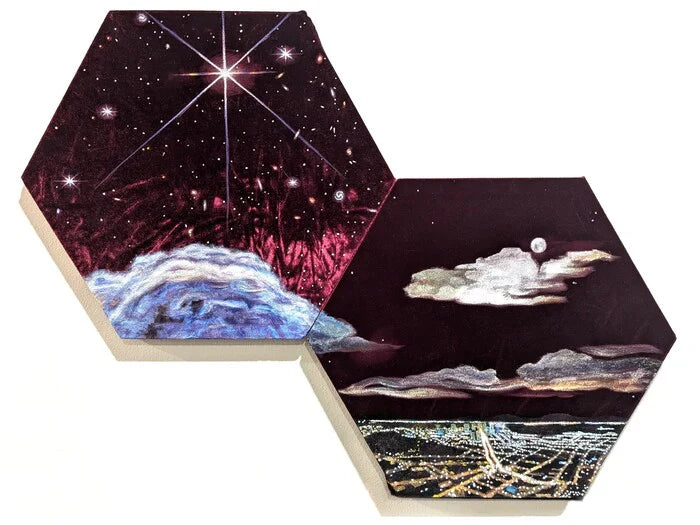 Home World, Sonia Redfern, 2025, acrylic on reclaimed velvet, 15 x 20 in. / 38.1 x 50.8 cm.