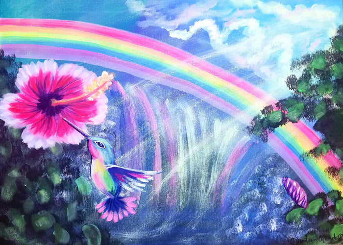 Hummingbird With a Rainbow, Pamela Martinez Oquendo, 2023, acrylic on canvas, 17 x 21 in. / 43.18 x 53.34 cm.