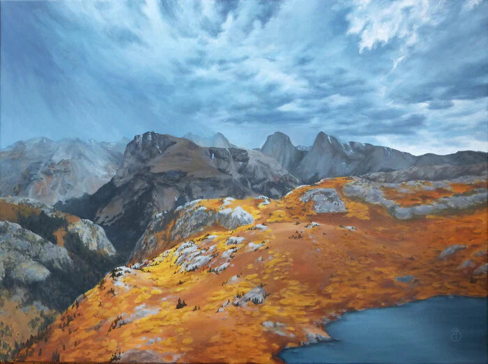 Fall Alpine Storm, Sara Brandenburg, 2024, acrylic, 30 x 40 in. / 76.2 x 101.6 cm.