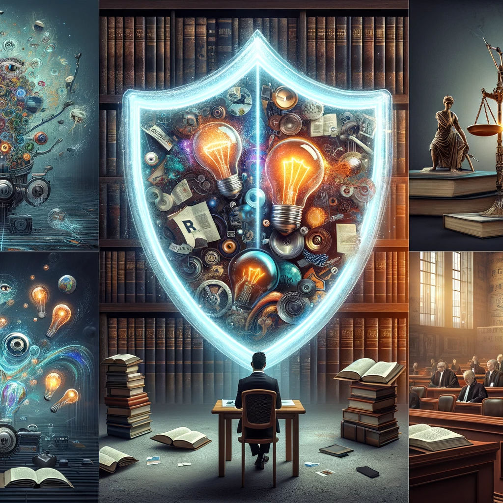 An artistic representation of the theme 'Art Protection_ A Comprehensive Intellectual Property Guide for Artists'. The first image shows a digital