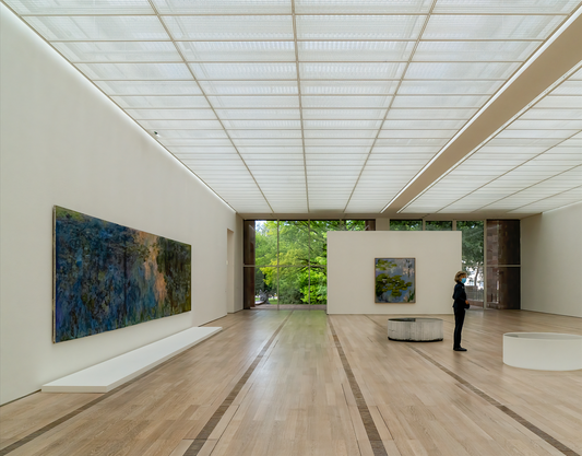 woman tours a private collection of art displayed in gallery