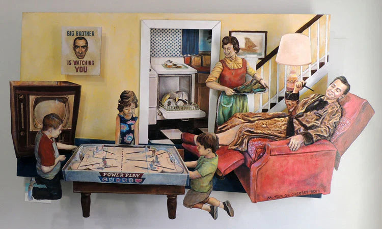 Power Play, Mark Overbey, 2012, oil on masonite assemblage, 26 x 42 in. / 66.04 x 106.68 cm.