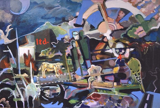 Unit 4's Revelation at the Mall, Steven Epstein, 2025, acrylic and decals, 24 x 36 in. / 60.96 x 91.44 cm.