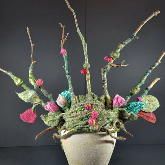 Woodland Crown, Marcie Ziskind, 2024, mixed media, 24 x 24 x 11 in. / 60.96 x 60.96 x 27.94 cm.