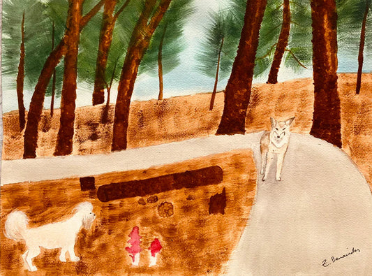 Eyes on the Coyote Big Bear CA, Greta Benavides, 2024, watercolor, 16.5 x 12.5 in. / 42 x 31.75 cm.