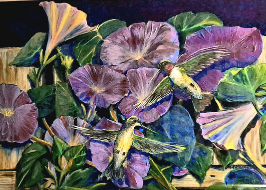 Hummingbirds Morning Glories, 2023, mixed media, 18 x 14 in. / 45.72 x 35.56 cm.