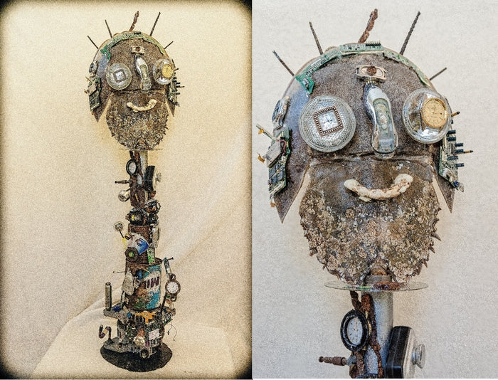 Junkie, 2015, mixed media sculpture, 42 x 14 x 14 in. / 106.68 x 35.56 x 35.56 cm.
