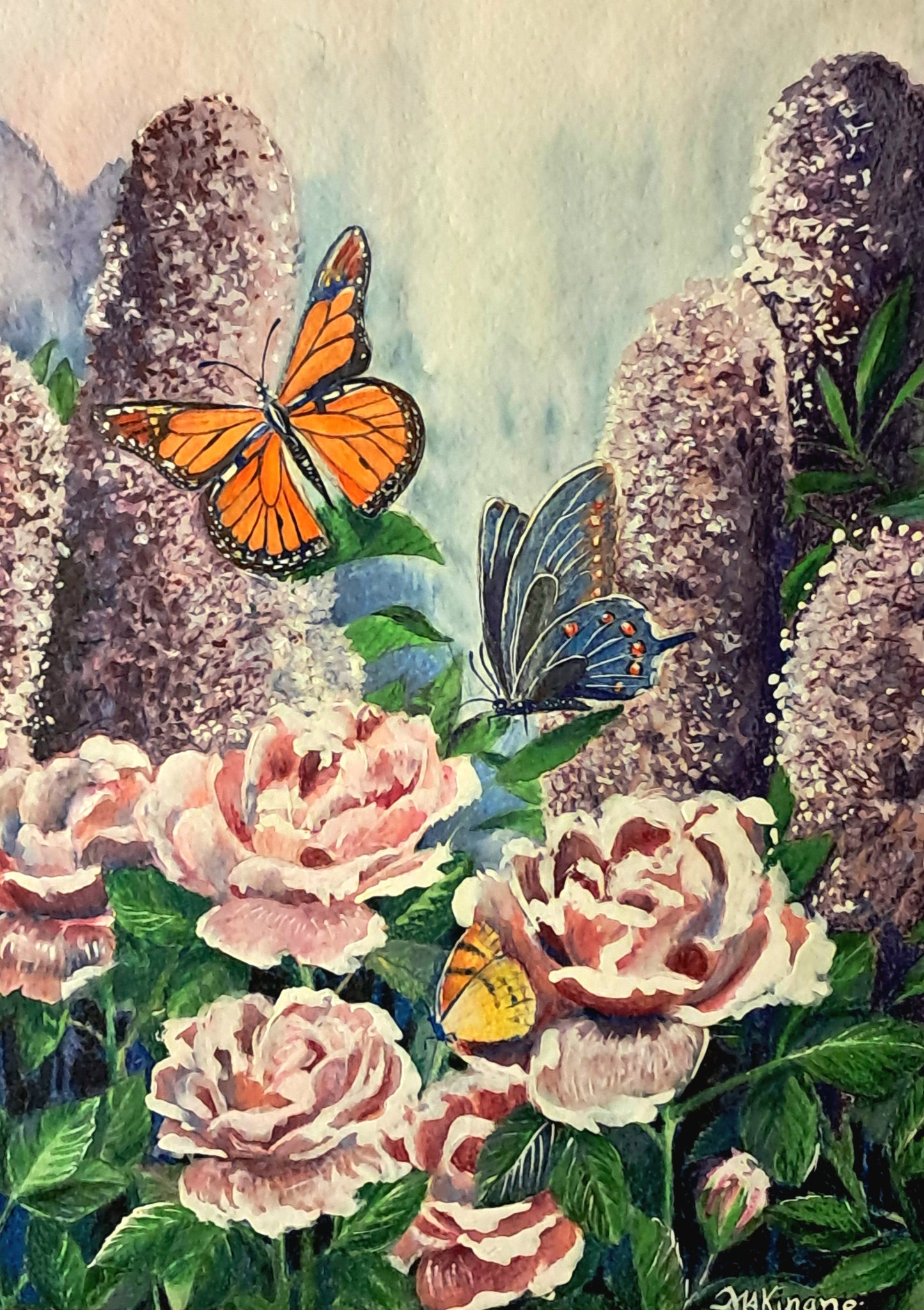 Butterflies in the Rose Garden, 2022, watercolor and ink, 24 x 18 in. / 60.96 x 45.72 cm.