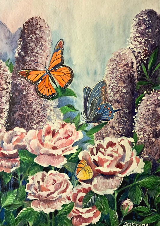 Butterflies in the Rose Garden, 2022, watercolor and ink, 24 x 18 in. / 60.96 x 45.72 cm.