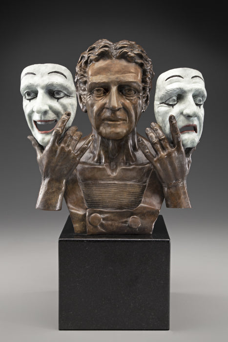 The Mask Maker, 2023, bronze, 14 x 13 x 6 in. / 35.56 x 33.02 x 15.24 cm.