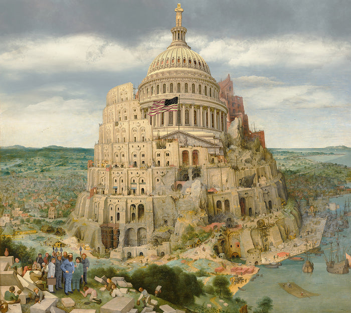 The Tower of Babbling, 2019, achival pigment print of a digital collage, 27 x 28 in. / 68.58 x 71.12 cm.