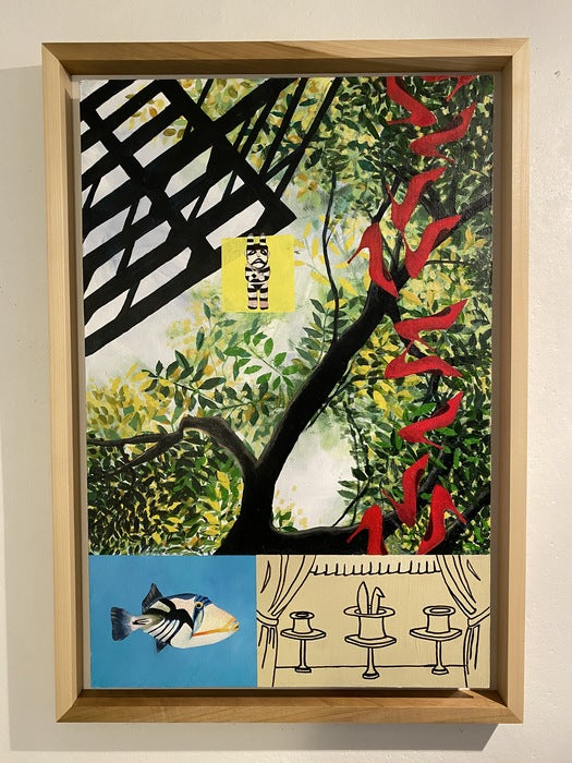 Fire Escape, Picasso Triggerfish, Red Heels, Magic, Kachina, 2019, acrylic on Masonite, 36 x 24 in. / 91.44 x 60.96 cm.