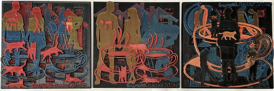3 Parents Remain, 2024, 3D mono print collage, 7.5 x 22.5 x 7.5 in. / 19.05 x 57.15 x 19.05 cm.