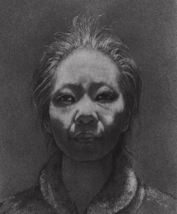 Morning, Rose in Robe, 2024, charcoal and white chalk, 6 x 5 in. / 15.24 x 12.7 cm.