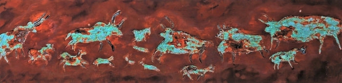 Hall of Bulls (Lascaux), 2018, oxidized metal effects paint, 18 x 40 in. / 45.72 x 101.6 cm.