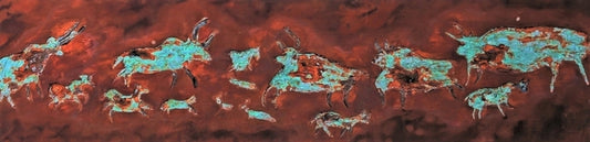 Hall of Bulls (Lascaux), 2018, oxidized metal effects paint, 18 x 40 in. / 45.72 x 101.6 cm.