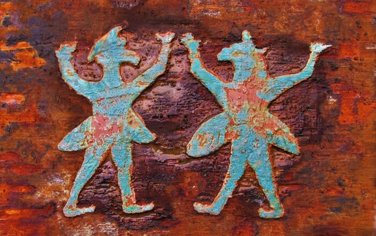Hittite Winged Demons, 2018, oxidized metal effects paint on chiseled wood, 12 x 12 in. / 30.48 x 30.48 cm.