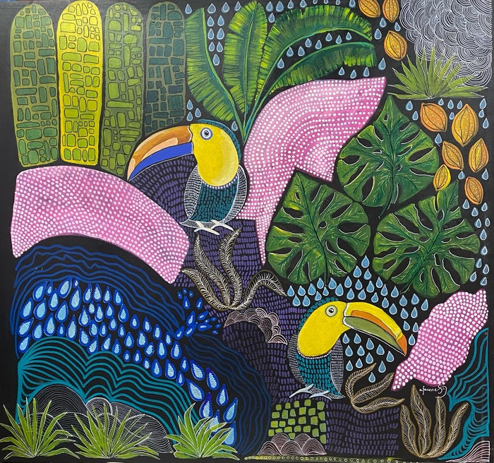 Toucan Paradise, 2021, mixed media, 24 x 26 in. / 60.96 x 66.04 cm.