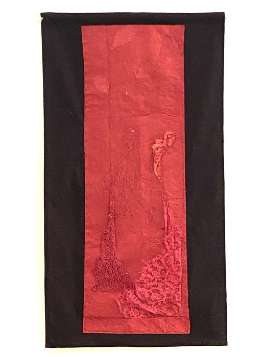 Red Remnants, 2022, handmade paper, paper thread, old lace, 29 x 16 in. / 73.66 x 40.64 cm.