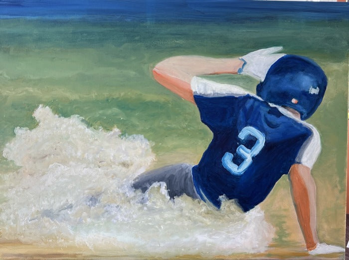 Jakob Sliding into 2nd Base, 2022, oil on canvas, 18 x 24 in. / 45.72 x 60.96 cm.