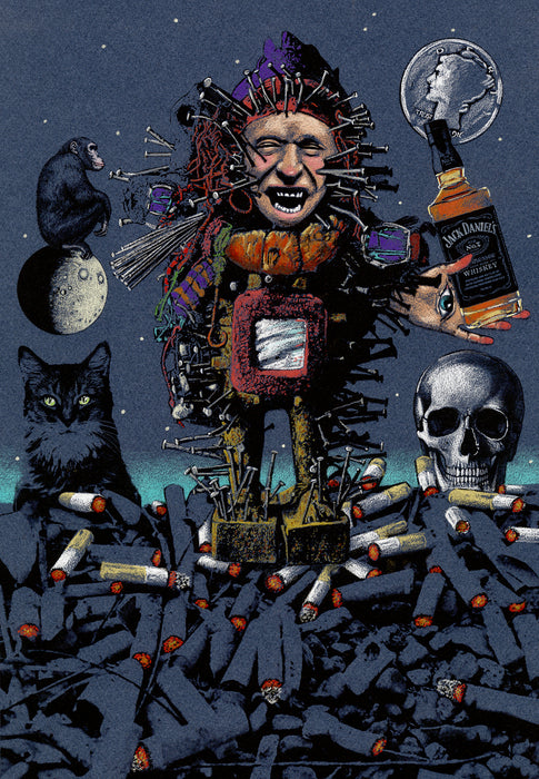 A Bukowski Night, 2024, mixed media monoprint, 32 x 44 in. / 81.28 x 111.76 cm.