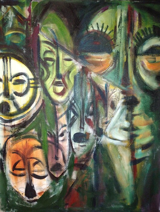 Faces of Diety, 2022, acrylic on canvas, 36 x 32 in. / 91.44 x 81.28 cm.