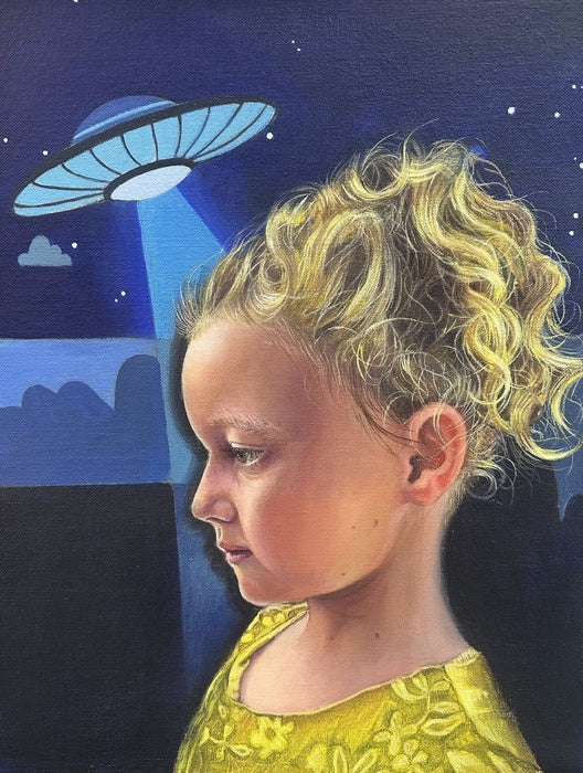 Close Encounters of the Blue Kind, 2022, acrylic on canvas board, 16 x 12 in. / 40.64 x 30.48 cm.