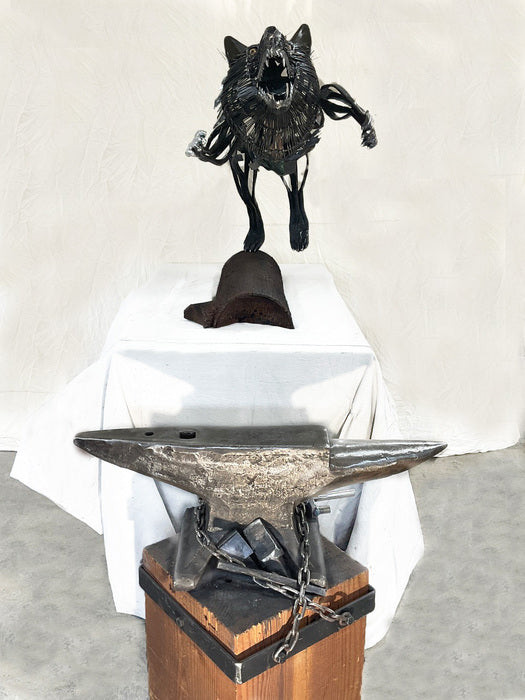 Indigo "Ferrous Lupus", 2023, blacksmithing, 32 x 49 x 16 in. / 81.28 x 124.46 x 40.64 cm.