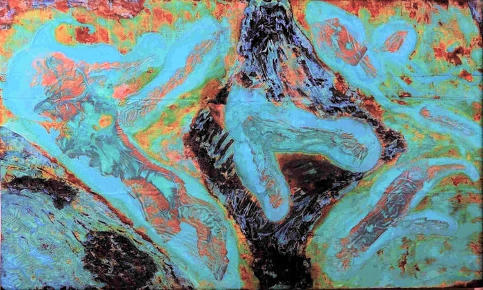 Venus Emerging from a Mountain Lake, 2019, oxidized iron copper and bronze metal effects paint on wood, 36 x 60 in. / 91.44 x 152.4 cm.