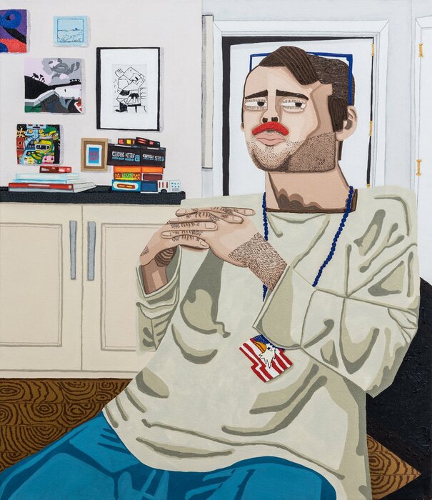 Shifty Eyed Plot, 2023, acrylic and oil on canvas, 36 x 42 in. / 91.44 x 106.68 cm.