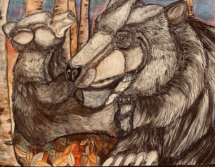 Mother Bear and Baby Bear in Fall, 2023, ink and watercolor, 18 x 24 in. / 45.72 x 60.96 cm.