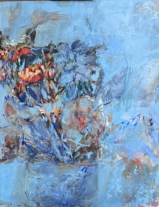 Blue and Orange Still Life, 2022, oil and graphite on canvas, 40 x 30 in. / 101.6 x 76.2 cm.