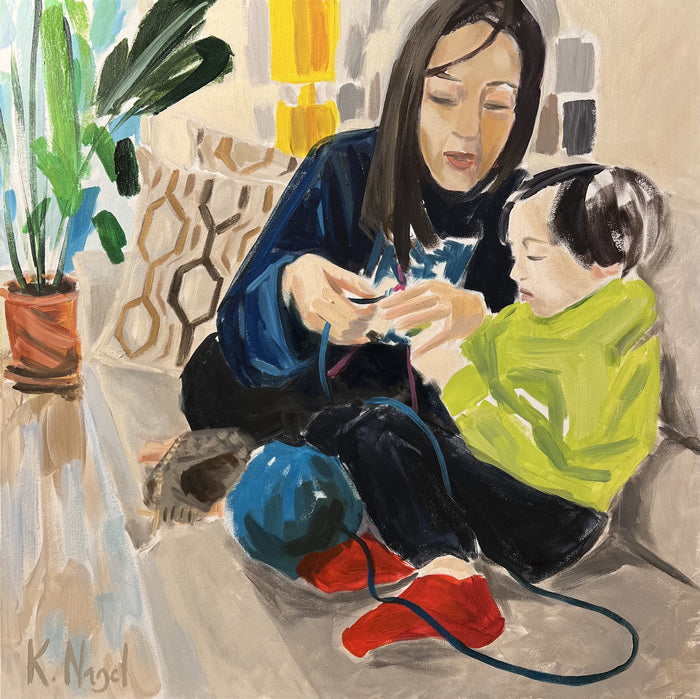 Knitting Lesson, 2022, oil and acrylic on canvas, 30 x 30 in. / 76.2 x 76.2 cm.
