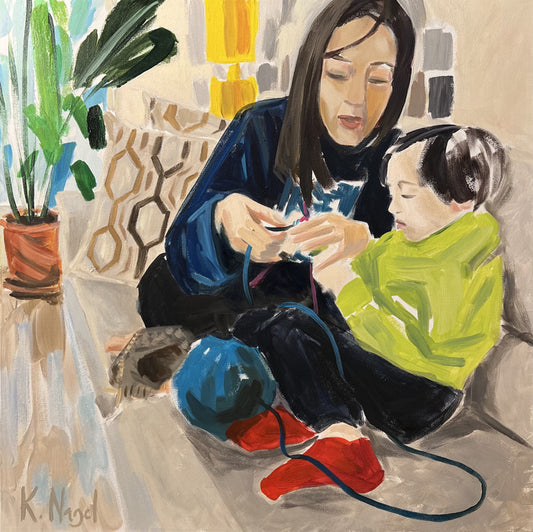 Knitting Lesson, 2022, oil and acrylic on canvas, 30 x 30 in. / 76.2 x 76.2 cm.