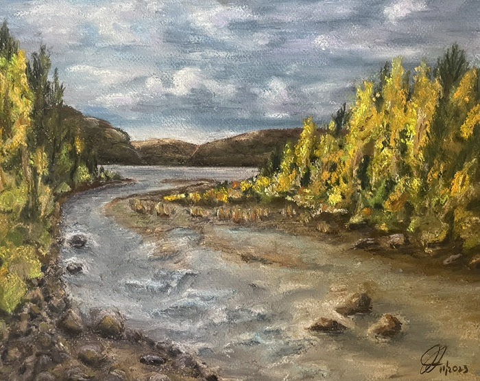 Fall in Glacier NP, 2023, soft pastels, 14 x 11 in. / 35.56 x 27.94 cm.