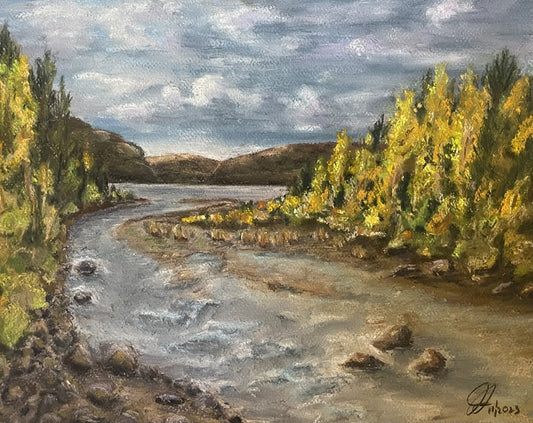 Fall in Glacier NP, 2023, soft pastels, 14 x 11 in. / 35.56 x 27.94 cm.