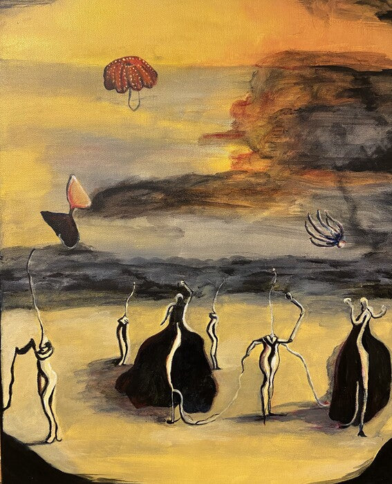Feet in Sand Heads in Pollution, 2023, acrylic, 20 x 16 in. / 50.8 x 40.64 cm.