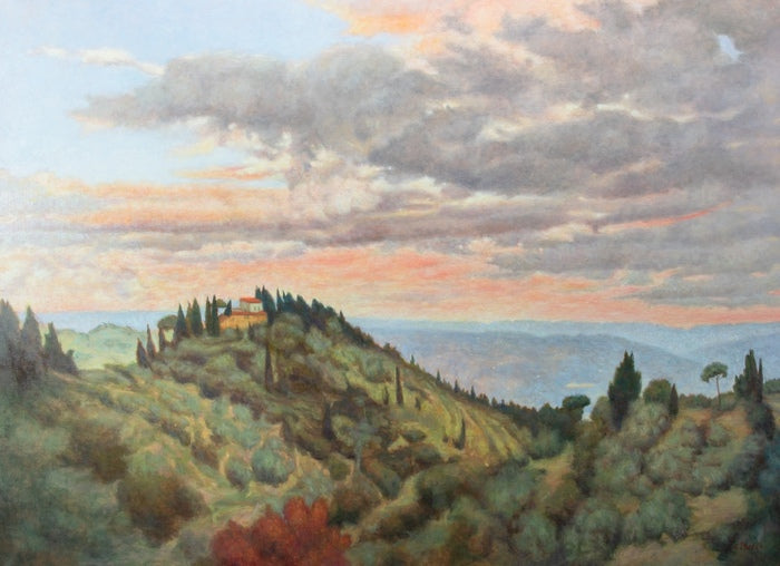 View from Viale del Torre, 2024, oil, 50 x 36 in. / 127 x 91.44 cm.