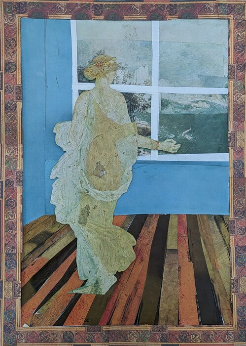 She Watched as Icarus Fell into the Sea, 2024, collage, 8 x 11 in. / 20.32 x 27.94 cm.