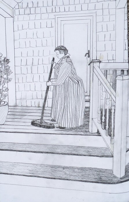 Madam Vuillard Took Action and Swept Her Own Front Porch, 2024, pencil on paper, 17 x 11 in. / 43.18 x 27.94 cm.