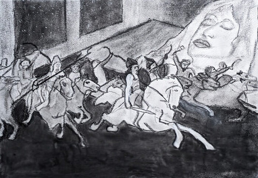 Dream of Riding with the Cavalry, 2023, charcoal on paper, 11 x 17 in. / 27.94 x 43.18 cm.