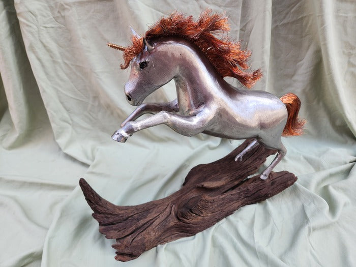 Boris Silver Unicorn, 2024, steel copper and iron wood, 18 x 8 x 22 in. / 45.72 x 20.32 x 55.88 cm.