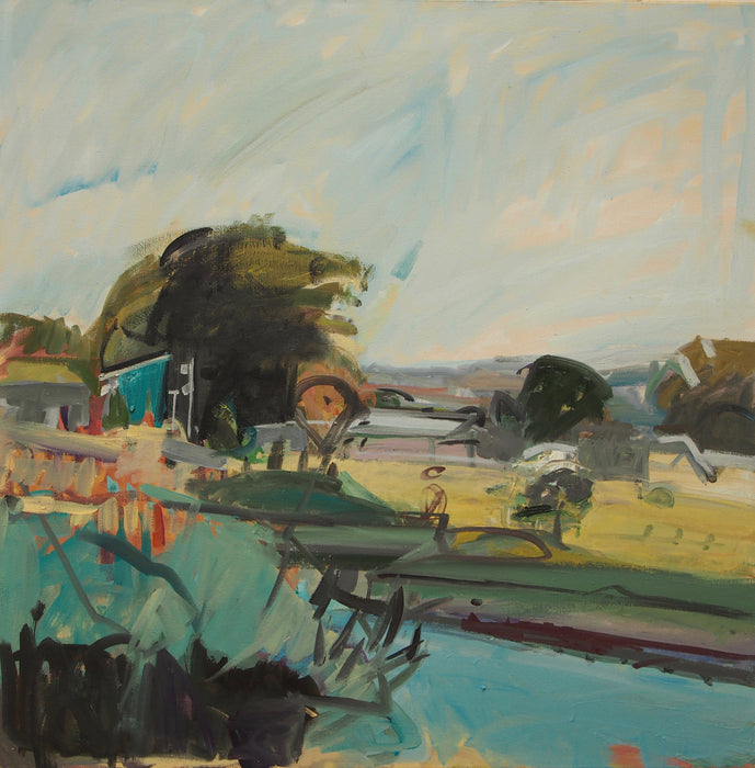 Summer Marsh with Industrial Buildings, 2018, oil on canvas, 30 x 30 in. / 76.2 x 76.2 cm.