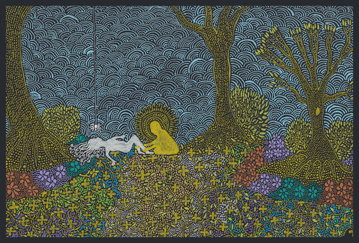 Fear/Calm, 2022, pen and ink drawing on black paper, 5.5 x 8.5 in. / 13.97 x 21.59 cm.