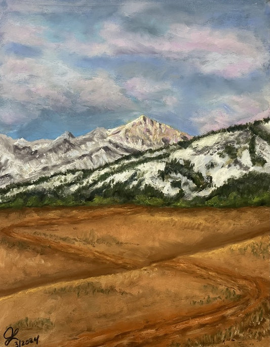 Snow on Ross Peak in Bozeman, 2024, soft pastels, 14 x 11 in. / 35.56 x 27.94 cm.