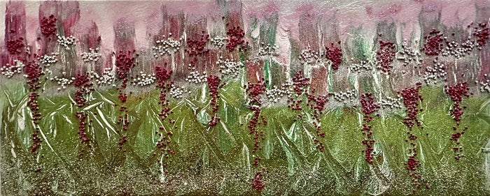 Tulips Dreams Unveiled, 2024, mixed media, 16 x 40 in. / 40.64 x 101.6 cm.