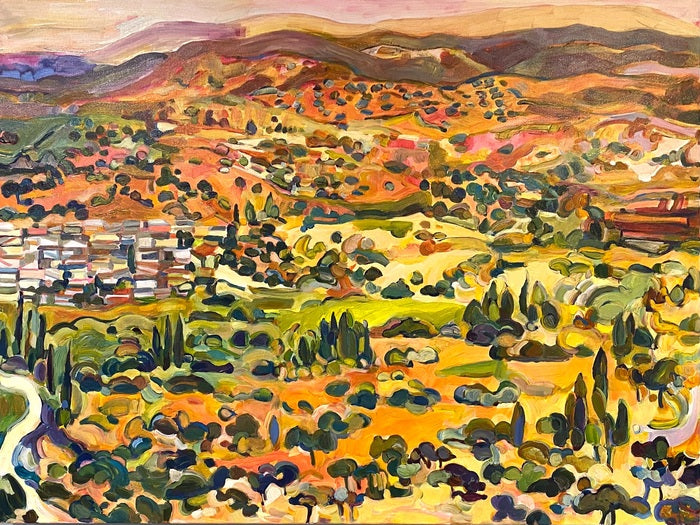 Rhodes; Hillside Village, 2022, acrylic on canvas, 30 x 40 in. / 76.2 x 101.6 cm.