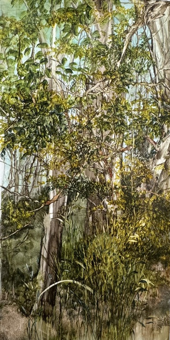 Over the Bridge #2, 2024, watercolor on yupo paper, 60 x 33 in. / 152.4 x 83.82 cm.