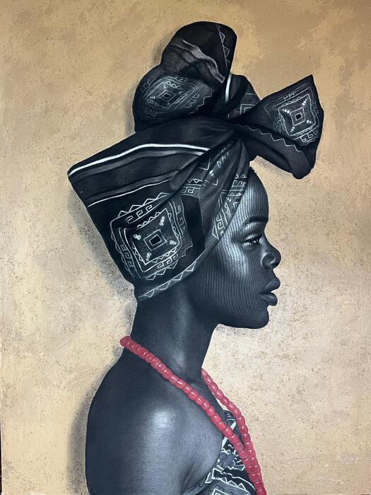 In Her Prime, 2024, charcoal and acrylic on canvas, 48 x 36 in. / 121.92 x 91.44 cm.
